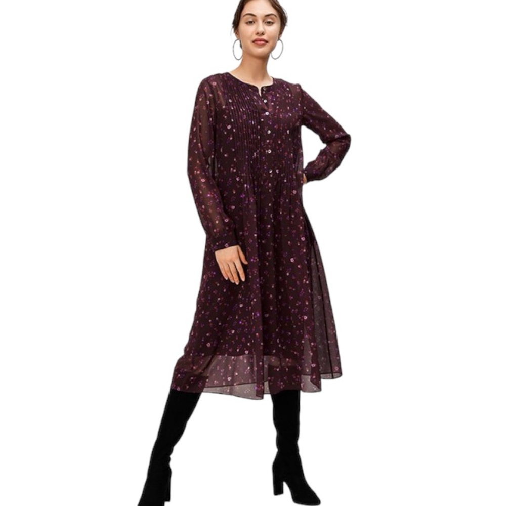 Wayward Fancies Pintuck Pleat Floral Print Georgette Shirtdress Size M